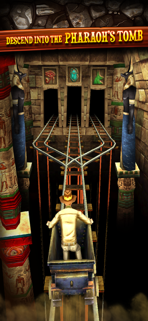 An explorer in a mine cart approaching three tunnel entrances in the Pharaoh's Tomb world of Rail Rush
