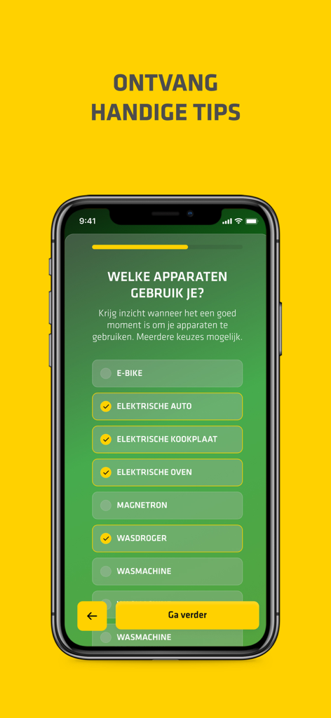 Stedin eKlok - Interfaz de la aplicación móvil Stedin eKlok que muestra una lista de verificación de electrodomésticos para la optimización energética.
