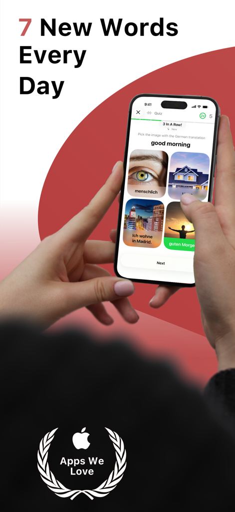 毎日7つの新しい単語」という見出しと「Apps We Love」バッジが表示されたドイツ語のクイズを示すスマートフォン