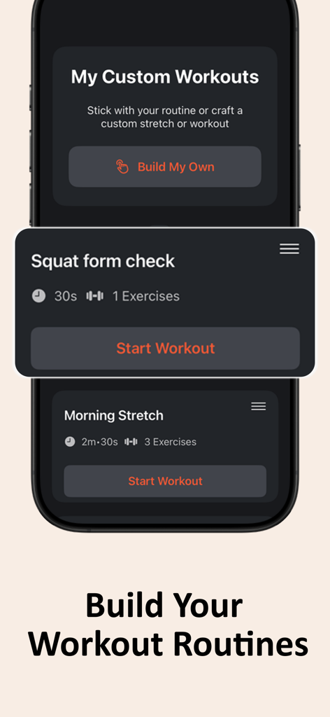 Fireflyアプリのカスタムワークアウトルーチン構築インターフェース、スクワットとストレッチオプション付き