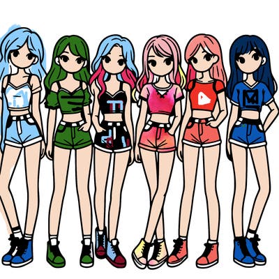 a group of girls wearing crop tops and shorts