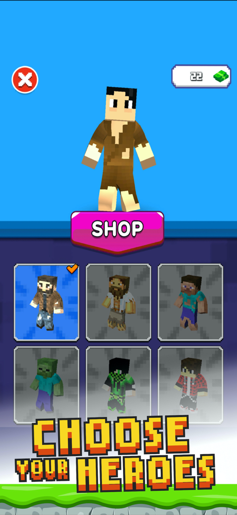 Craft Runner - Money Run 3D - Schermata di selezione del personaggio in Craft Runner Money Run 3D con vari eroi in stile voxel