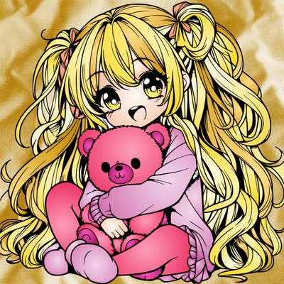 manga girl, long curly hair, happy, cuddling a teddy bear