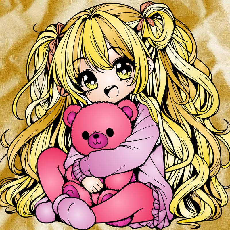 manga girl, long curly hair, happy, cuddling a teddy bear