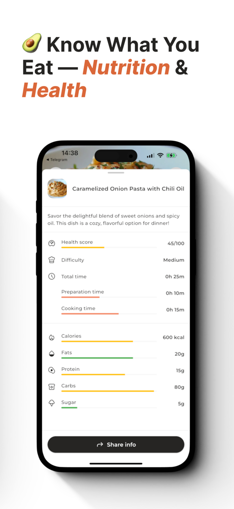 Chef Engine 앱 인터페이스, 파스타 레시피에 대한 상세 영양 정보, 매크로 및 건강 점수 표시