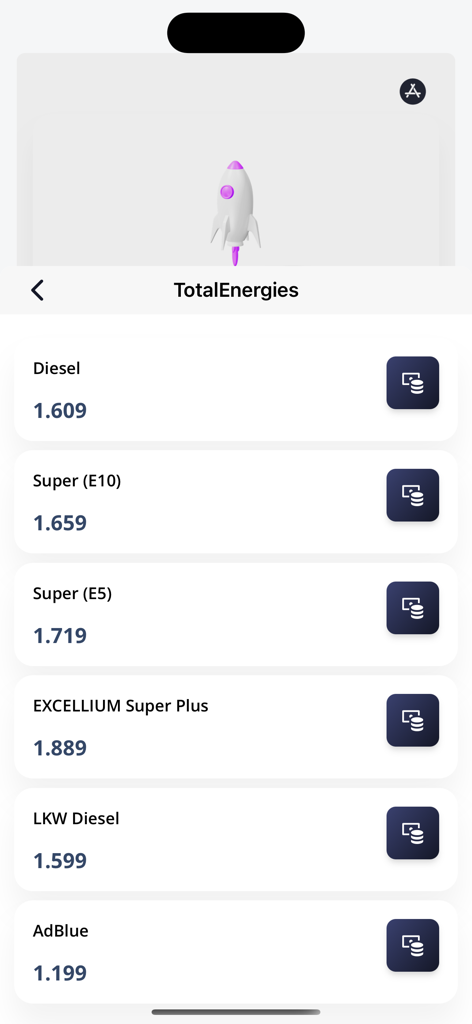 Precios actuales de combustible de TotalEnergies mostrados en la aplicación Combustible Barato, incluyendo Diésel y Súper E10.