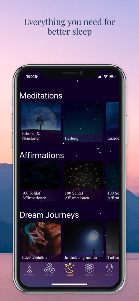 Una pantalla de smartphone que muestra la biblioteca de la aplicación MYditation con categorías para meditaciones para dormir, afirmaciones y viajes de ensueño.
