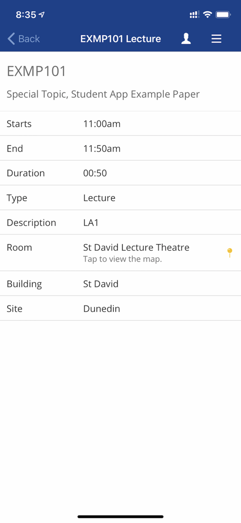 University of Otago app screen showing lecture details including course name time and room location