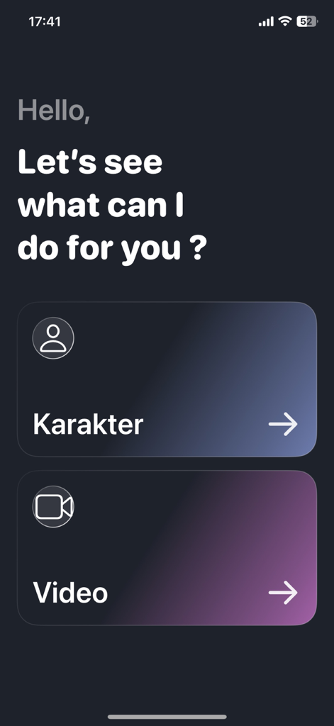 Tela inicial do aplicativo Morphica mostrando opções para criar personagens e vídeos IA