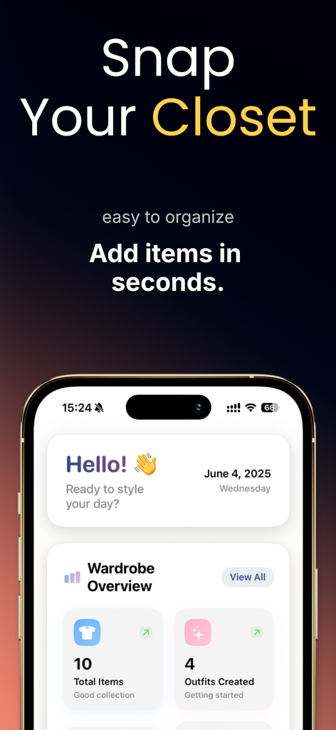 Closet & Outfit Organizer - Dashboard of Closet and Outfit Organizer app showing wardrobe statistics and total items