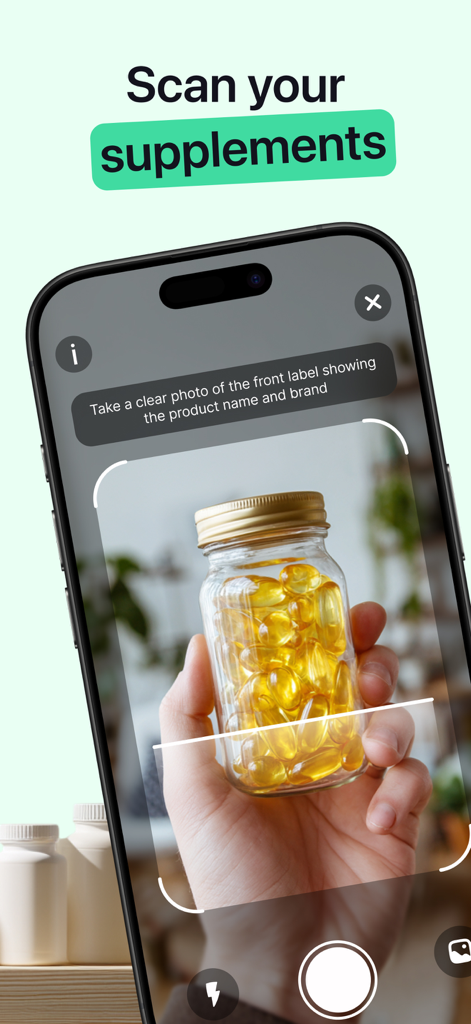 A mobile phone screen showing a user scanning a bottle of yellow supplement capsules with the Supp app