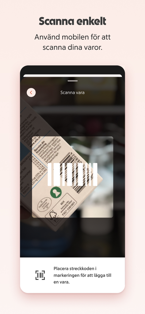 Smartphone scanning a product barcode using the ICA ToGo mobile app