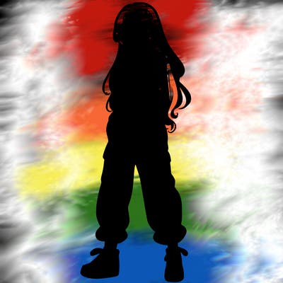 girl in baggy pants crop top and long hair