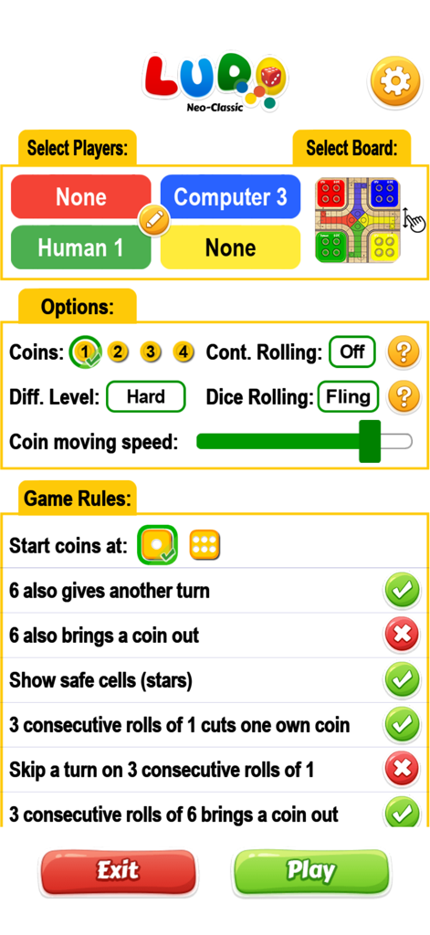 Ludo Neo-Classic - Ludo Neo-Classic game setup screen showing customizable rules and player selection options.