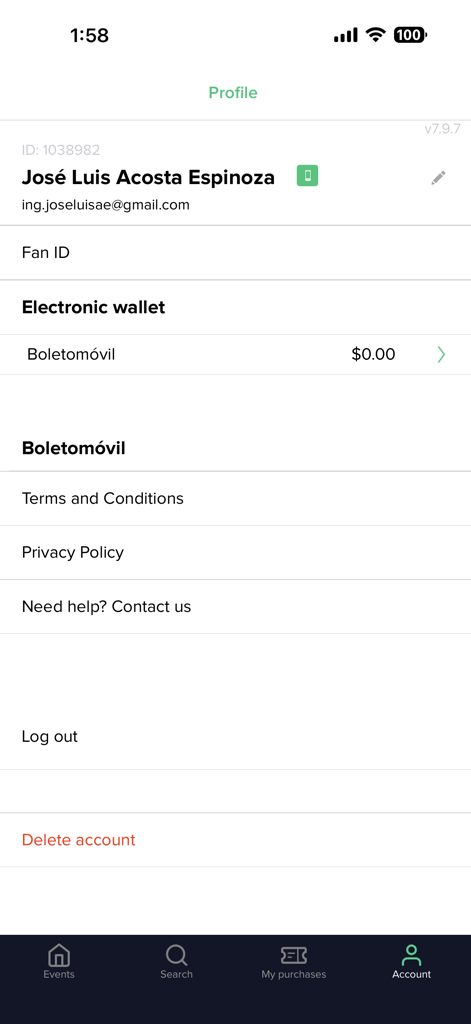 Boletomóvil - Boletomovil app profile screen with user details and electronic wallet