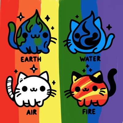 4 cats that represent the different elements, earth, water, air, and fire
