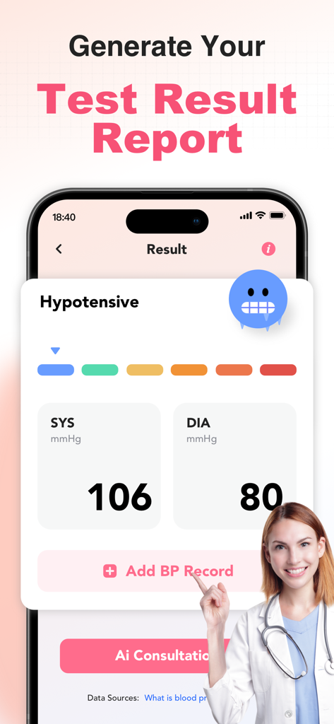 AuraFlow AI - Smart BP Tracker - Interfaz de la aplicación AuraFlow AI mostrando resultados de pruebas de presión arterial y opción de consulta de IA