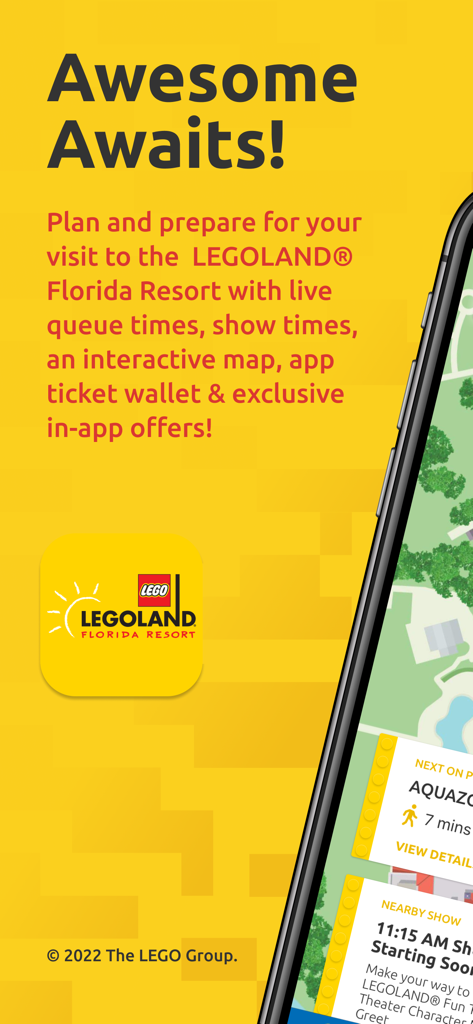 LEGOLAND® Florida Resort - LEGOLANDフロリダリゾートアプリのインターフェイス、パークマップと待ち時間を表示