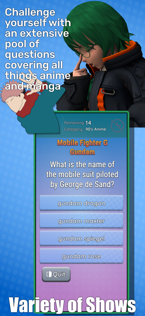 Anime Quiz Party - Anime Quiz Party game screen featuring a trivia question about 90s anime Gundam.
