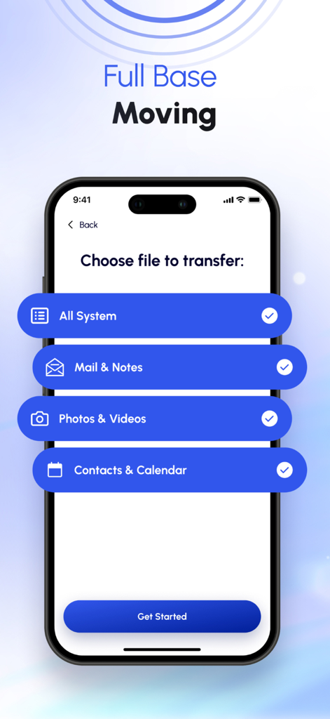 Сopy My Data: Share & Transfer - Pantalla de selección para transferir datos del sistema, correo, fotos y contactos en la aplicación Copy My Data.