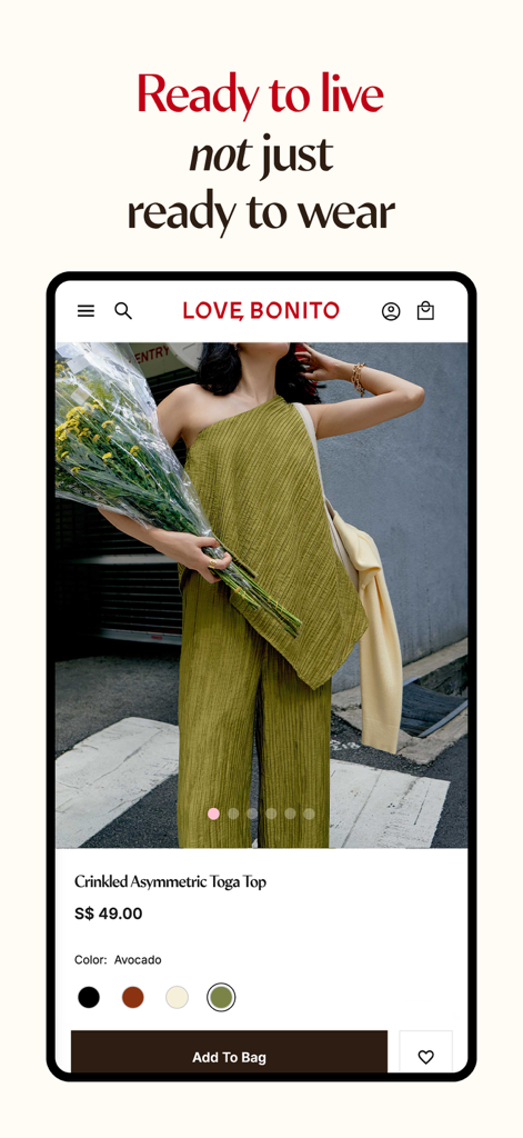 Love, Bonito - Mobile Ansicht der Love Bonito App, die ein asymmetrisches Toga-Oberteil mit Knitter-Optik in Avocado-Grün mit einer Schaltfläche 'Zum Warenkorb hinzufügen' anzeigt.