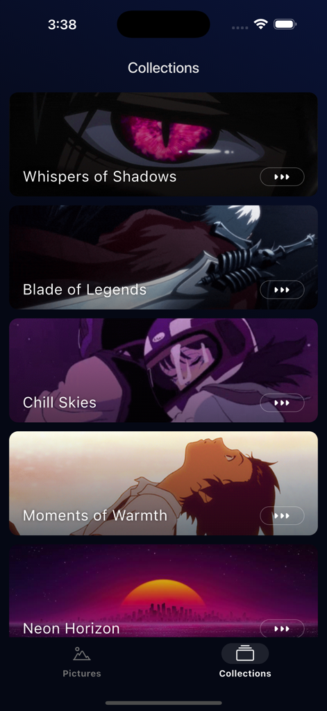 Pantalla de colecciones de la aplicación AnimeeX Wallpaper con categorías de anime curadas como Susurros de Sombras y Hoja de Leyendas