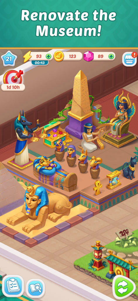 Mansion Tale: Merge Secrets - Gameplay screenshot showing an Egyptian museum renovation with a Sphinx and artifacts in Mansion Tale Merge Secrets