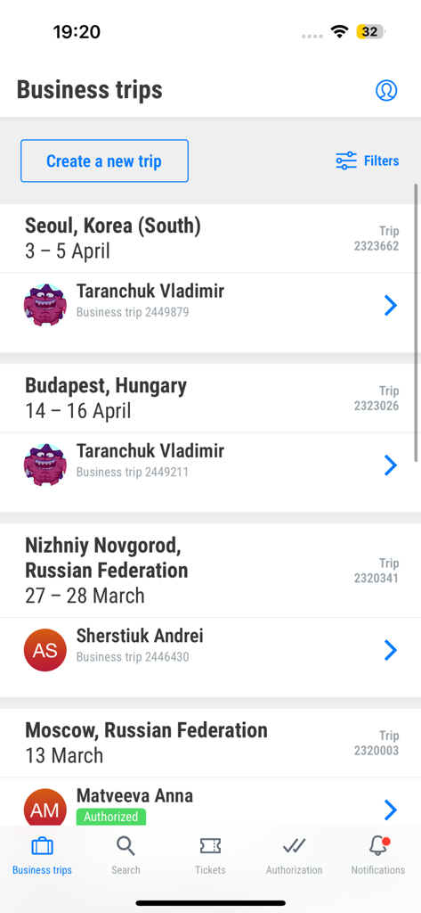 Interface of the LINK Aeroclub app showing a list of business trips to various international cities