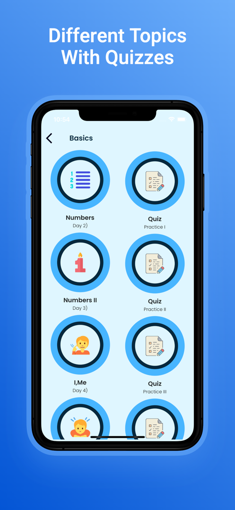 Tagalog Learning For Beginners - Tela do aplicativo de aprendizado de Tagalo mostrando tópicos básicos como números e pronomes pessoais emparelhados com questionários de prática
