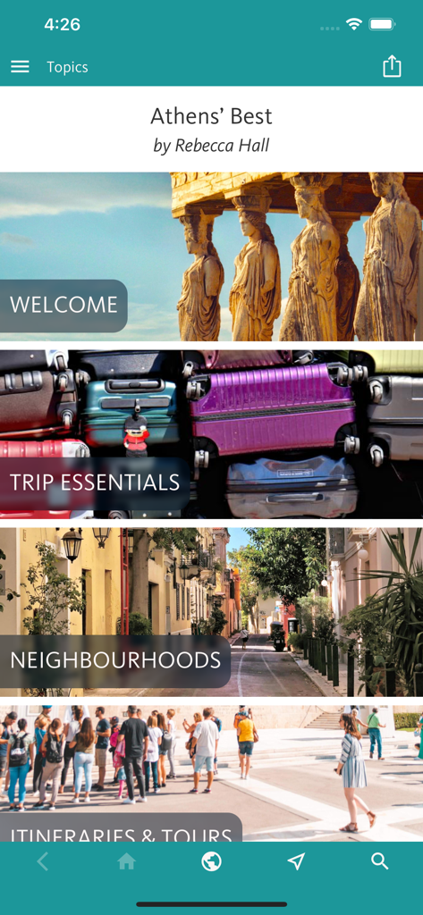 Athens’ Best: Travel Guide - Main menu of the Athens' Best travel guide app showing sections for Welcome, Trip Essentials, Neighbourhoods, and Itineraries.