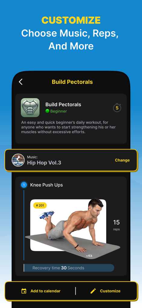 Chestify - AI Fitness Workout - Interface of the Chestify app showing customization options for a pectoral workout including music and reps.