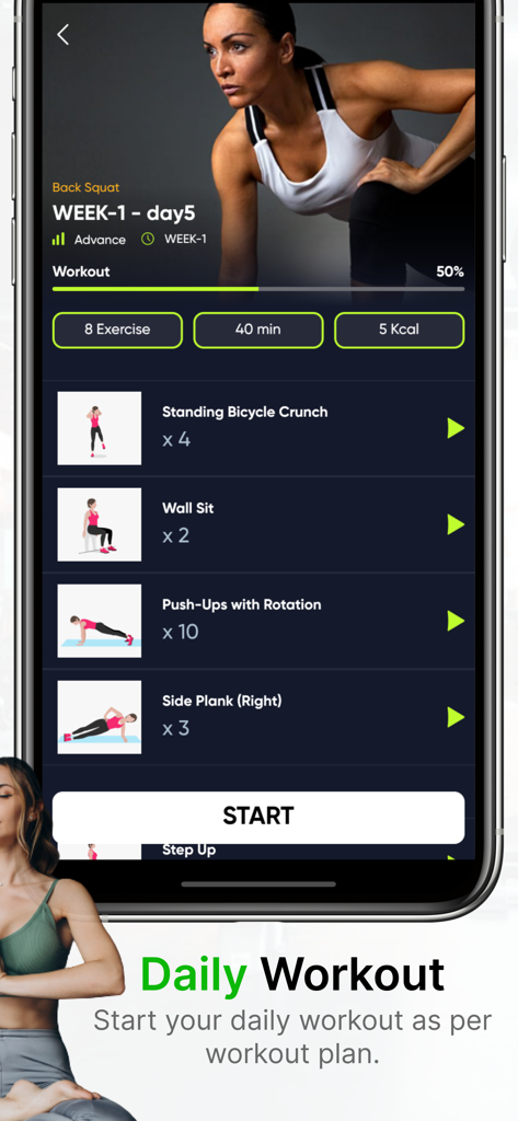 30 days Excercise challenge - Interfaz de entrenamiento diario de la aplicación Desafío de Ejercicio de 30 días que muestra una lista de ejercicios en casa como abdominales de bicicleta y sentadillas en la pared.