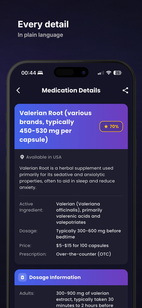 MedMatch Pro - MedMatch Pro app screen showing detailed medication information for Valerian Root including active ingredients, dosage, and price.