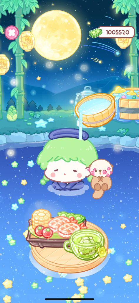 Cute character relaxing in a moonlit hot spring with a food tray and an otter