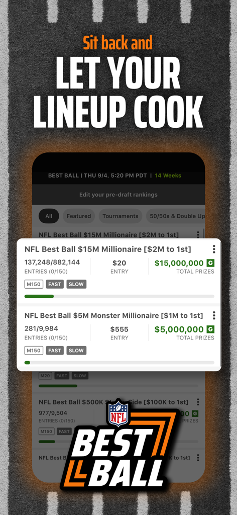 DraftKings app screenshot highlighting NFL Best Ball tournaments with million dollar prize pools