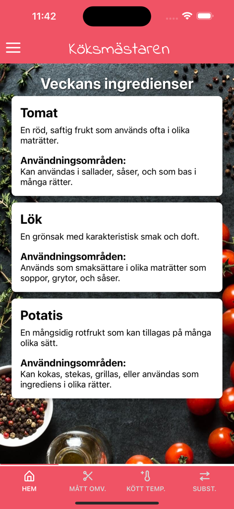 Kitchen Companion app displaying descriptions and usage tips for tomatoes onions and potatoes