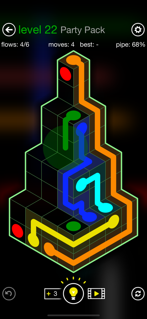 Gameplay of Flow Free Shapes featuring a colorful logic puzzle on an isometric shaped board.