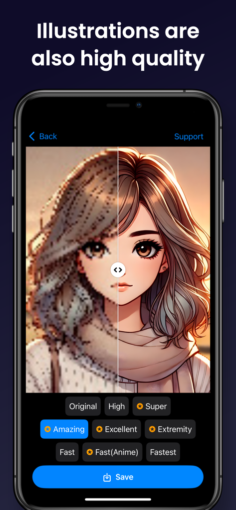 Enhance Photo / Video Easily - Comparación de un dibujo de anime borroso y su versión mejorada de alta calidad por IA en la aplicación