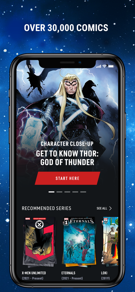 Marvel Unlimited - Marvel Unlimited App-Startbildschirm mit einem Thor-Charakterführer und empfohlenen Comicreihen