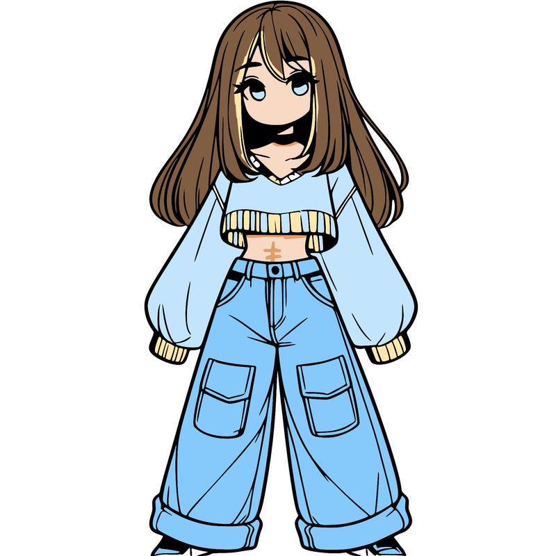 cute girl with straight hair in baggy jeans and a crop top and a sweater