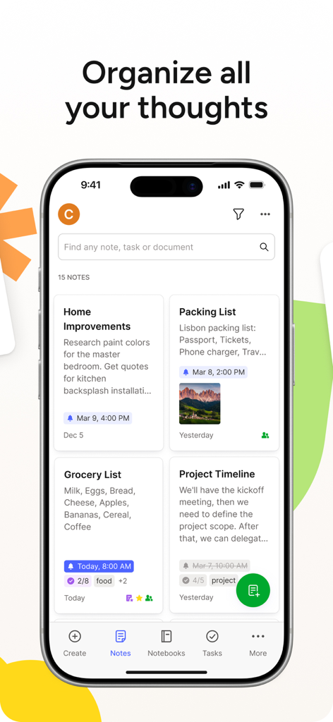 Evernote app interface on a smartphone showing a dashboard of notes including project timelines and packing lists.