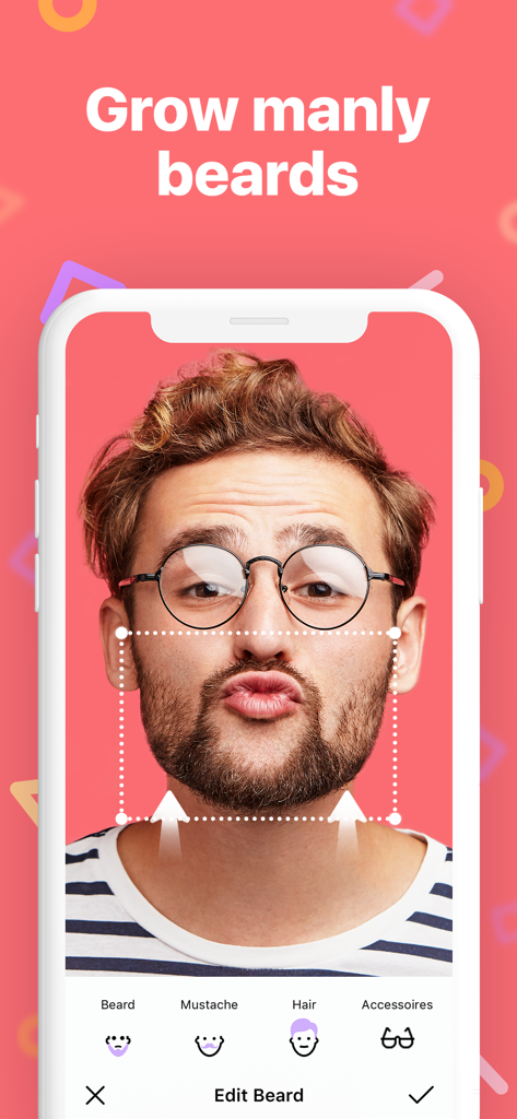 MAKEOVER - Body photo editor - Interfaz de una aplicación móvil que muestra una función de edición de barba en la cara de un hombre con el texto 'crece barbas viriles'