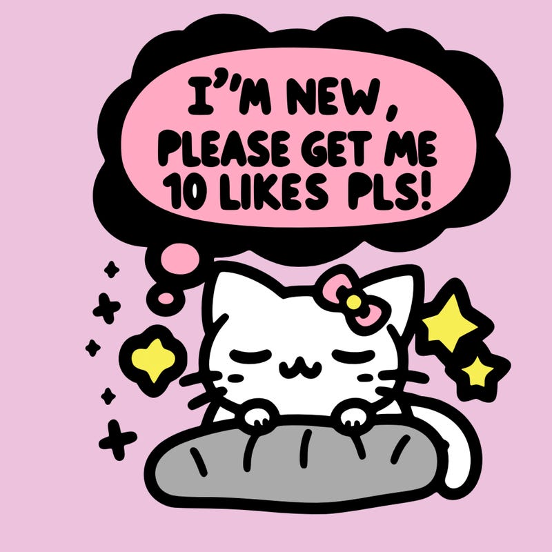 kitty taking a nap dream talking and saying "i'm new, please get me at least 10 likes pls!!"