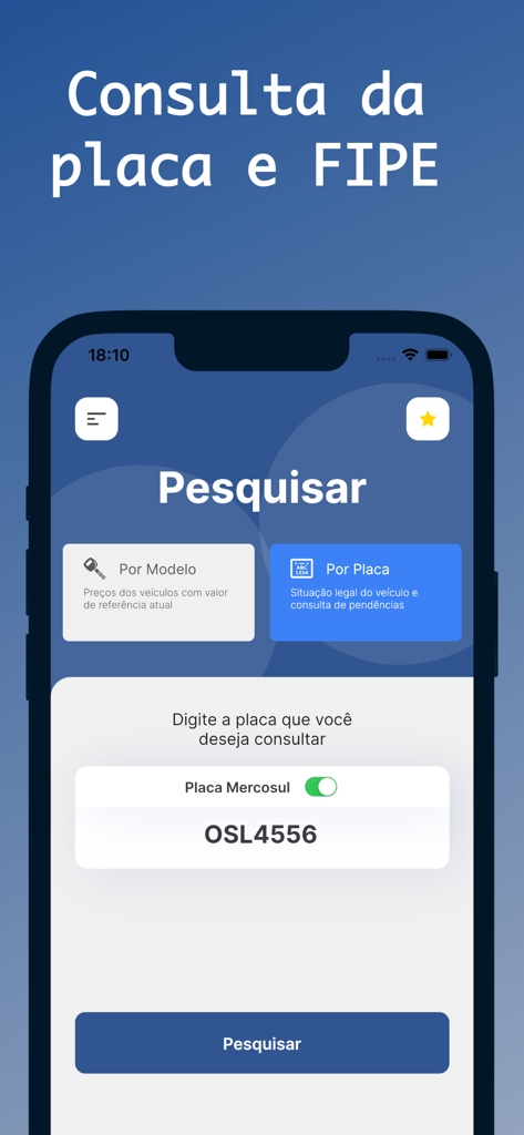 Tabela FIPE: Consultar Veículo - Tabela FIPE mobile app search screen with license plate lookup option for Brazilian vehicles