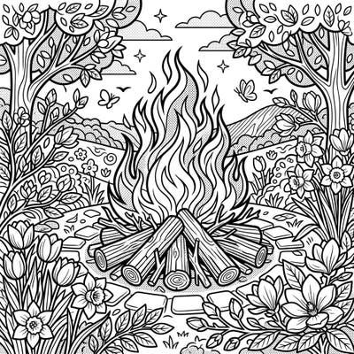 Discover a dynamic Pop Art bonfire surrounded by blossoming spring flowers in this unique coloring page. Its bold lines and halftone patterns invite you to add vibrant colors to celebrate the season of renewal.