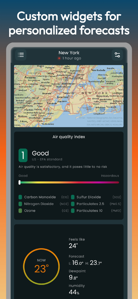 Gusty - weather dashboard - Dashboard meteo personalizzata dell'app Gusty con widget sulla qualità dell'aria e sulla temperatura locale.
