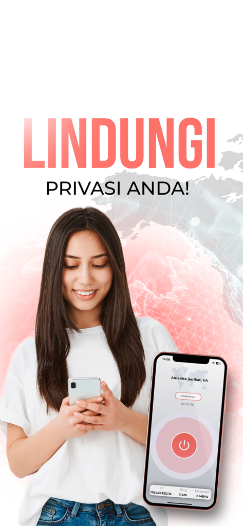 VPN Indonesia – Secure & Fast - A woman using the VPN Indonesia app interface showing a secure connection to protect her online privacy