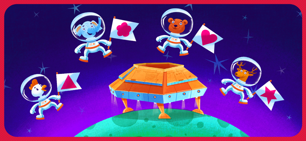 Animal astronauts holding flags with shapes in a space matching game for toddlers