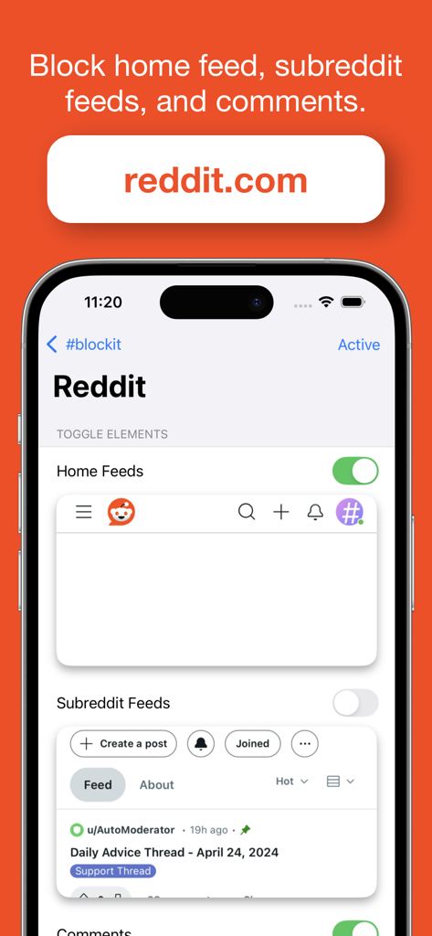 Screenshot of the #blockit app showing settings to toggle off Reddit home feeds, subreddit feeds and comments to improve focus