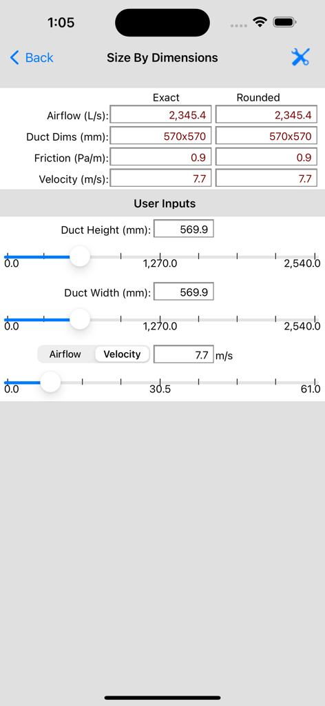 HVAC Duct Sizer - Interface of the HVAC Duct Sizer app showing the Size By Dimensions calculation screen with sliders for duct height and width.